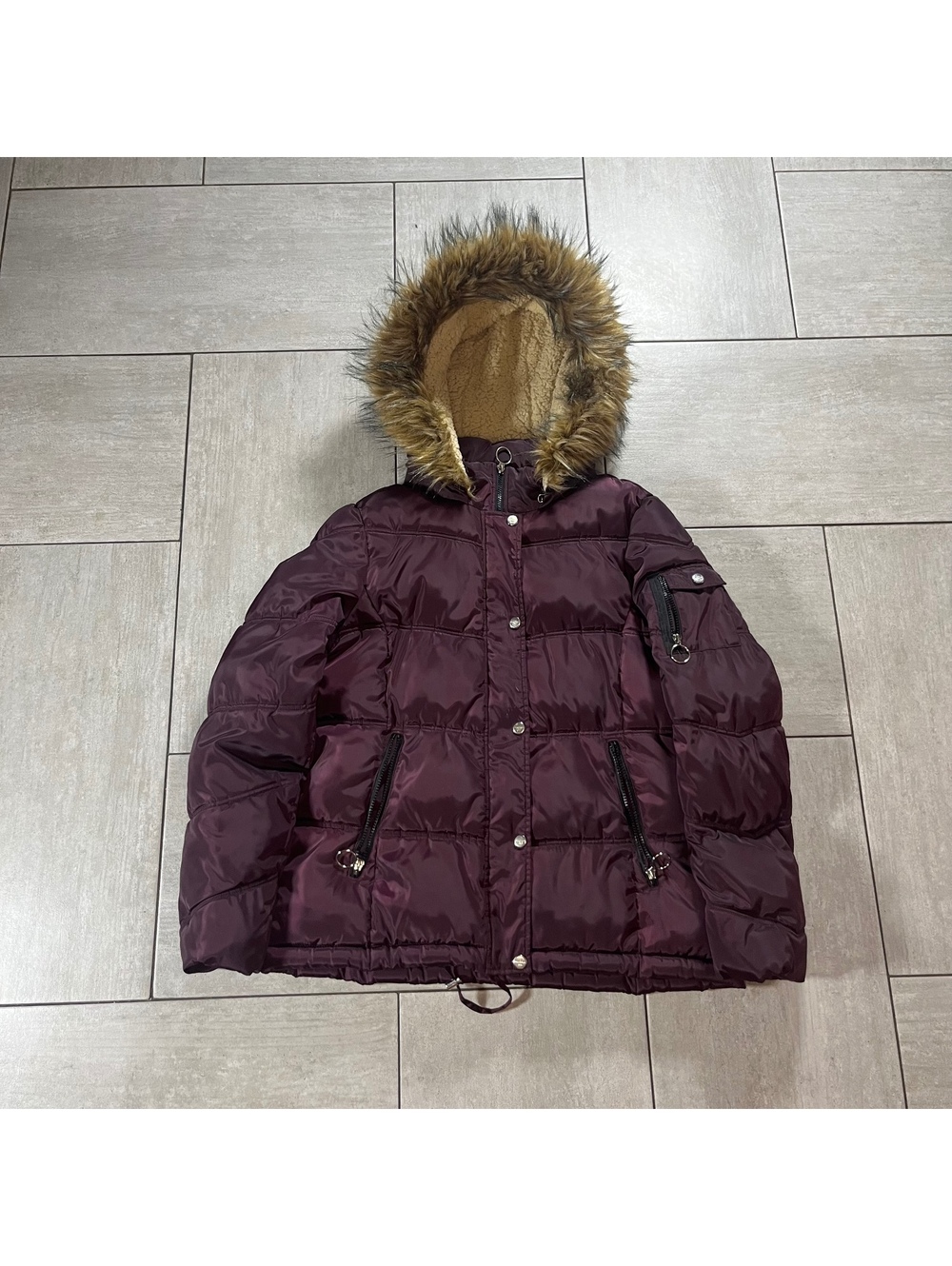 Madden Girl Burgundy Puffer Jacket with Faux Fur Hood
